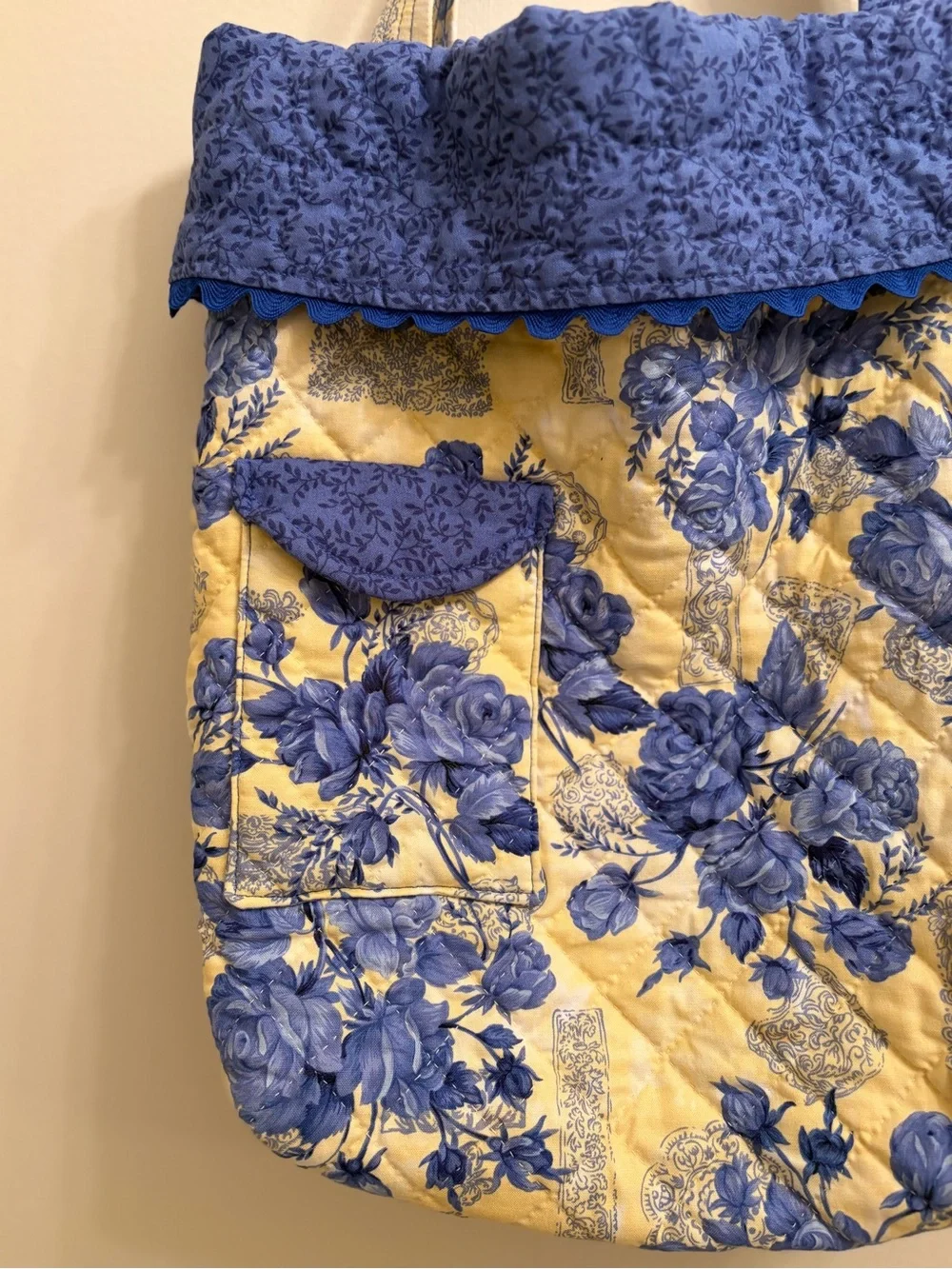 Handmade Quilted Floral Tote Bag in Blue and Cream